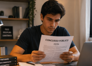 Jovem concentrado analisando edital de concurso público em ambiente de estudo com notebook e livros sobre a mesa.