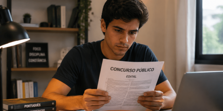 Jovem concentrado analisando edital de concurso público em ambiente de estudo com notebook e livros sobre a mesa.
