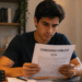 Jovem concentrado analisando edital de concurso público em ambiente de estudo com notebook e livros sobre a mesa.