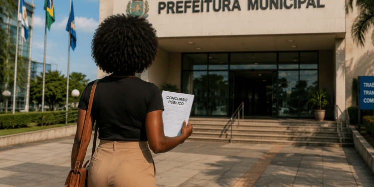 Mulher negra com cabelo afro caminhando em direção à sede da prefeitura municipal segurando edital de concurso público.