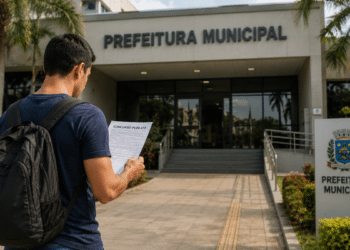 Homem caminhando em direção à Prefeitura Municipal enquanto lê documento de concurso público, representando edital com inscrições abertas.