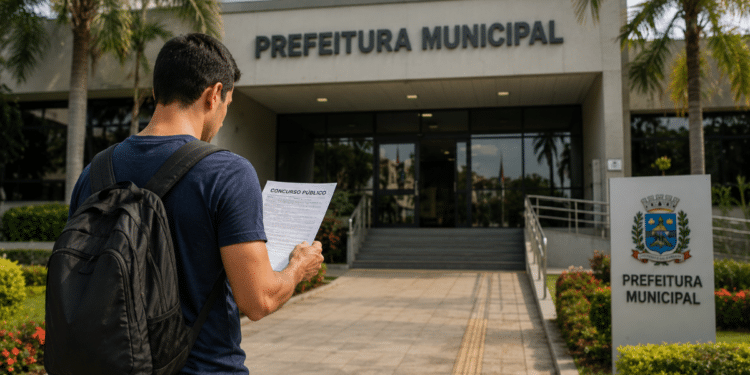 Homem caminhando em direção à Prefeitura Municipal enquanto lê documento de concurso público, representando edital com inscrições abertas.