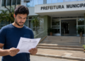Homem lê documento de concurso público em frente a uma prefeitura municipal, representando a abertura de inscrições no RJ.
