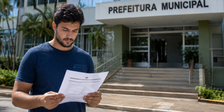 Homem lê documento de concurso público em frente a uma prefeitura municipal, representando a abertura de inscrições no RJ.