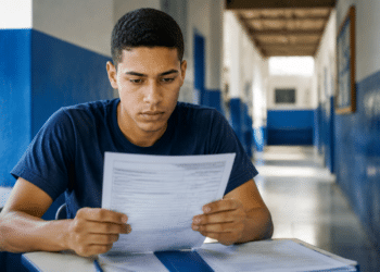Jovem de camiseta azul-marinho lê documento com atenção sentado em carteira no corredor azul da escola.