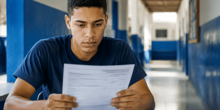 Jovem de camiseta azul-marinho lê documento com atenção sentado em carteira no corredor azul da escola.