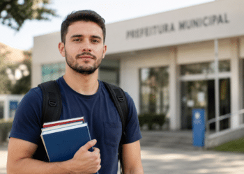 Jovem com livros e mochila em frente à Prefeitura Municipal.