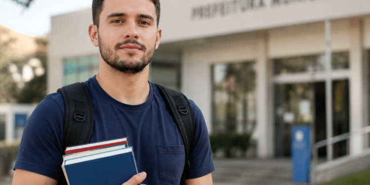 Jovem com livros e mochila em frente à Prefeitura Municipal.