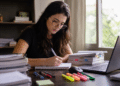 Jovem mulher de óculos estudando e escrevendo anotações à mesa cheia de livros e laptop.