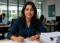 Mulher de camisa azul-marinho com crachá segura caneta sobre documentos em mesa de escritório com colegas ao fundo.
