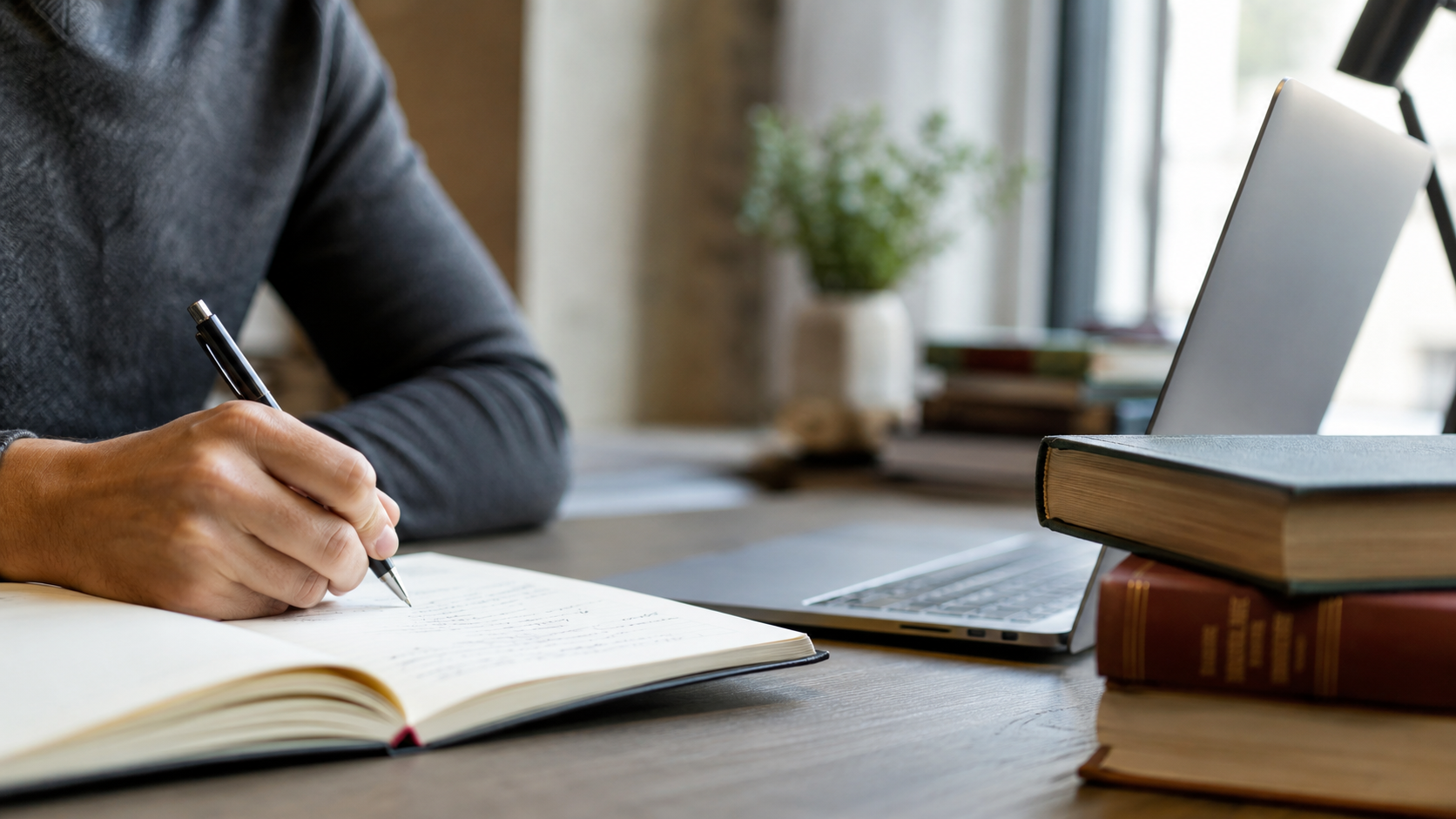 Mão escrevendo em caderno com livros e notebook ao lado, representando preparação para concursos públicos.