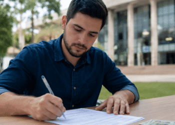Homem de camisa azul marinho assina documento em mesa de madeira ao ar livre, com documentos e dinheiro ao lado.