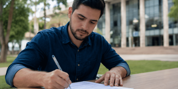 Homem de camisa azul marinho assina documento em mesa de madeira ao ar livre, com documentos e dinheiro ao lado.