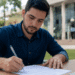 Homem de camisa azul marinho assina documento em mesa de madeira ao ar livre, com documentos e dinheiro ao lado.