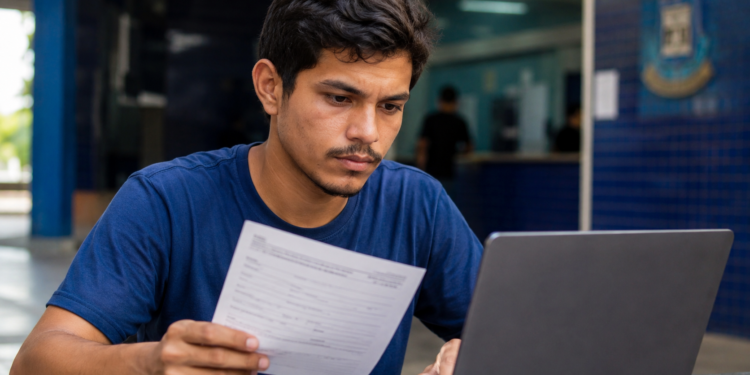 Jovem segura ficha de inscrição e consulta notebook em ambiente de órgão público para concurso da Prefeitura e da Câmara.