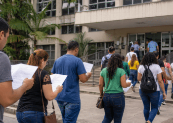 Pessoas caminhando em direção à prefeitura municipal segurando documentos de concurso público.
