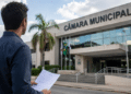 Pessoa em frente à Câmara Municipal segurando edital de concurso público.