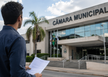 Pessoa em frente à Câmara Municipal segurando edital de concurso público.