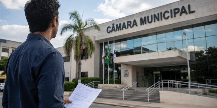 Pessoa em frente à Câmara Municipal segurando edital de concurso público.