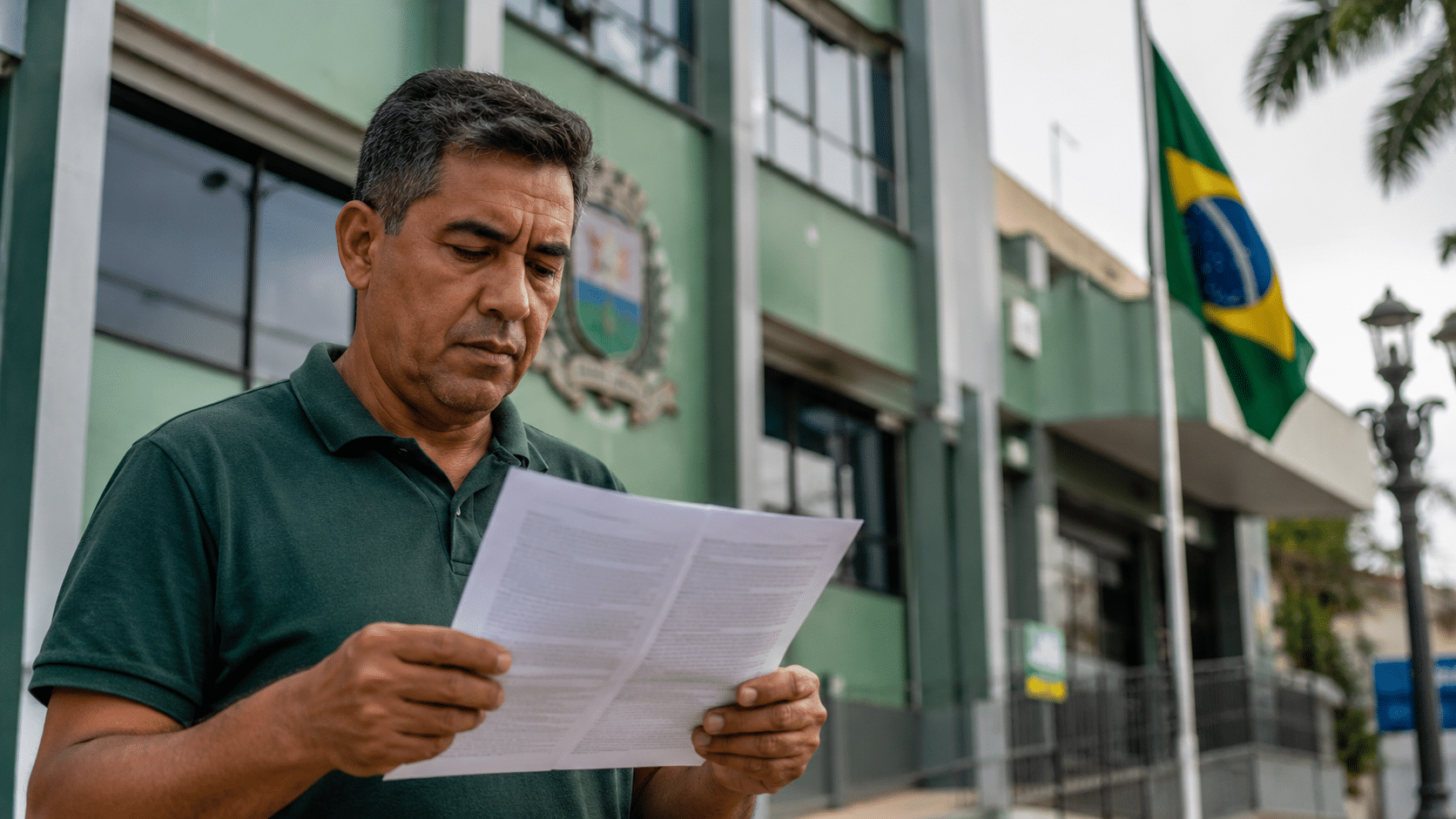 Homem de meia-idade lê papel com expressão séria diante de prédio verde com bandeira do Brasil hasteada.