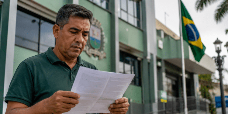 Homem de meia-idade lê papel com expressão séria diante de prédio verde com bandeira do Brasil hasteada.