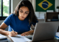 Mulher de camiseta azul escreve em documento enquanto consulta os concursos das Câmaras Municipais de Mara Rosa (GO) e Ipaporanga (CE) no laptop prateado, bandeira do Brasil ao fundo.