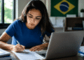 Mulher de camiseta azul escreve em documento enquanto consulta os concursos das Câmaras Municipais de Mara Rosa (GO) e Ipaporanga (CE) no laptop prateado, bandeira do Brasil ao fundo.