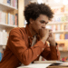 Jovem estudando em biblioteca com notebook e livros, representando candidatos interessados nos concursos da CGU e da ANPD autorizados pelo MGI.