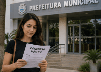 Mulher lendo edital de concurso público em frente ao prédio da Prefeitura Municipal.