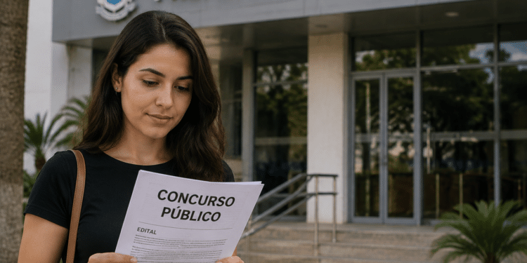 Mulher lendo edital de concurso público em frente ao prédio da Prefeitura Municipal.
