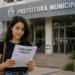 Mulher lendo edital de concurso público em frente ao prédio da Prefeitura Municipal.