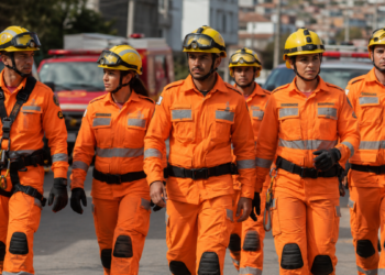 Bombeiros militares de Minas Gerais caminham fardados, representando concurso do CBMMG com inscrições abertas.
