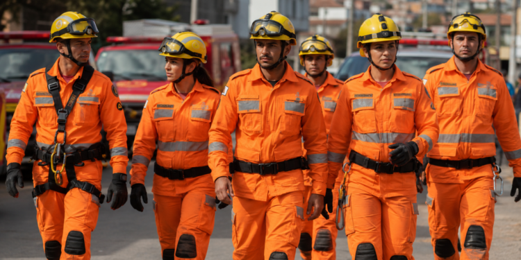 Bombeiros militares de Minas Gerais caminham fardados, representando concurso do CBMMG com inscrições abertas.