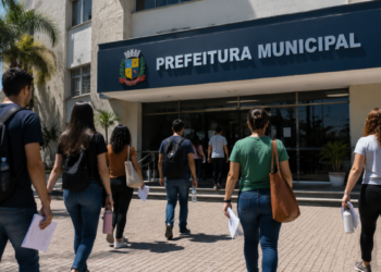 Candidatos caminham em direção à Prefeitura Municipal para inscrição em concurso público.
