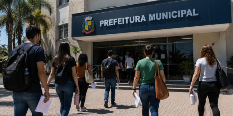 Candidatos caminham em direção à Prefeitura Municipal para inscrição em concurso público.