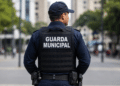 Guarda municipal fardado de costas com identificação Guarda Municipal no colete.