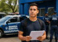 Jovem de camiseta azul com mochila segura papéis diante de viatura e agentes da Guarda Municipal ao fundo.
