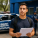 Jovem de camiseta azul com mochila segura papéis diante de viatura e agentes da Guarda Municipal ao fundo.