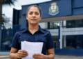 Mulher com uniforme azul marinho da guarda municipal segura documentos em frente a prédio com brasão oficial.