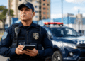 Guarda municipal de boné azul segura bloco de anotações em frente à viatura com giroflex.