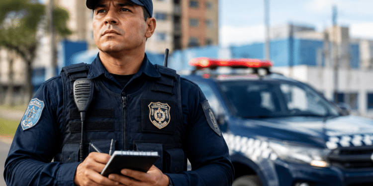 Guarda municipal de boné azul segura bloco de anotações em frente à viatura com giroflex.