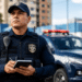 Guarda municipal de boné azul segura bloco de anotações em frente à viatura com giroflex.