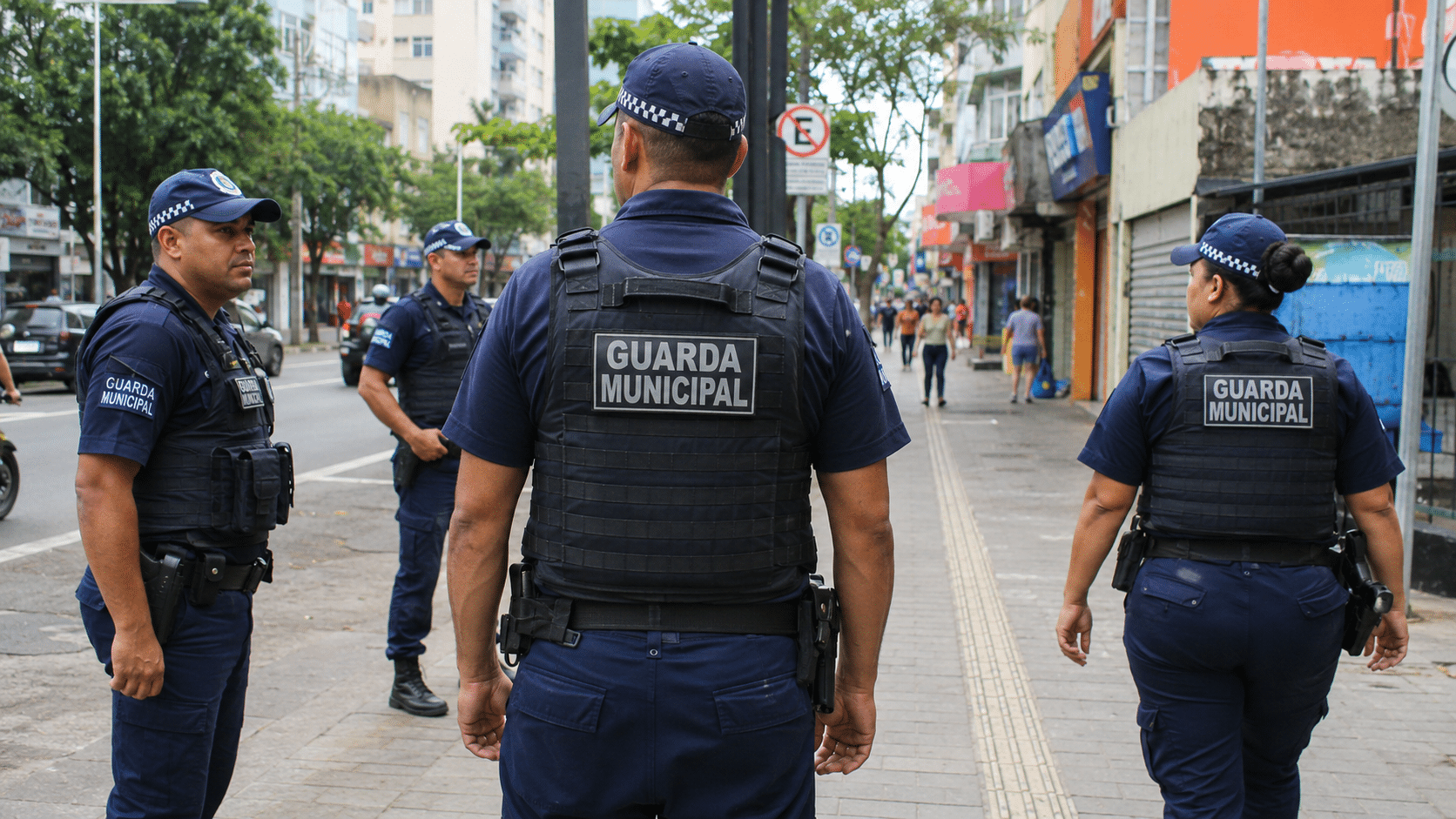Quatro agentes da Guarda Municipal patrulham a calçada de um centro urbano com lojas e pedestres ao fundo.