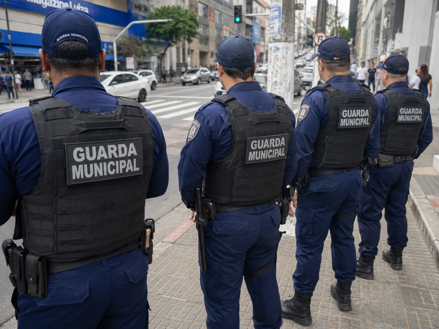 Guardas municipais fardados em patrulha urbana.