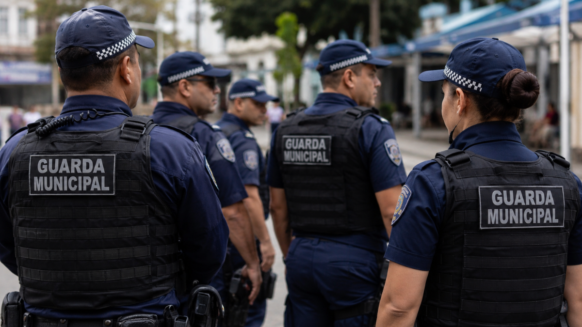 Guardas municipais fardados com identificação nos coletes, representando concurso de São Gonçalo com banca definida.