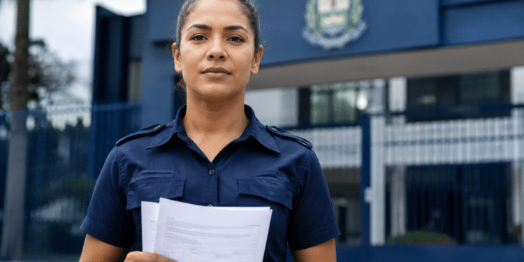 Mulher com uniforme azul marinho da guarda municipal segura documentos em frente a prédio com brasão oficial.