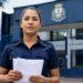 Mulher com uniforme azul marinho da guarda municipal segura documentos em frente a prédio com brasão oficial.
