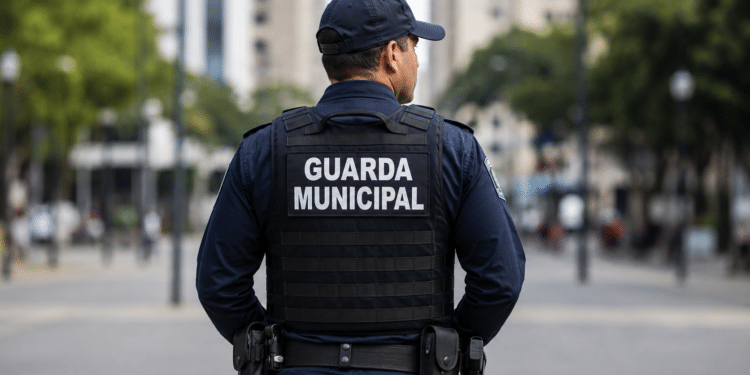 Guarda municipal fardado de costas com identificação Guarda Municipal no colete.