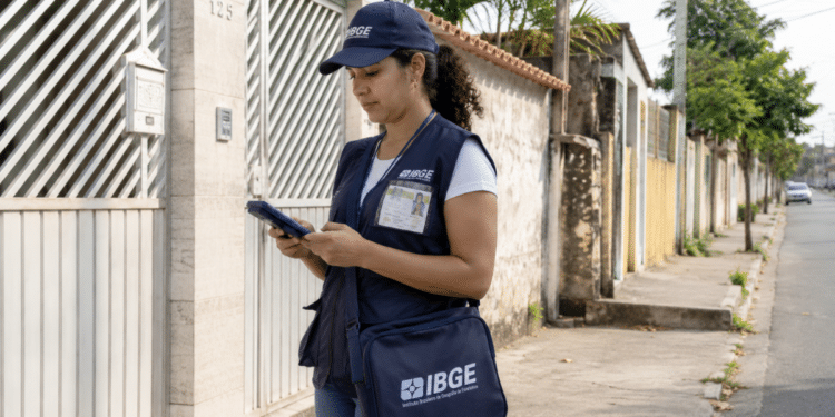 Profissional do IBGE em trabalho de campo durante coleta de informações em rua residencial.