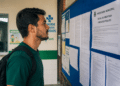Jovem de camiseta verde e mochila lê edital de abertura de concursos da Prefeitura de Coreaú CE fixado em mural azul.